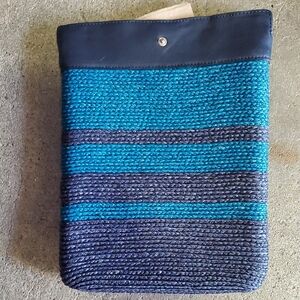 Helen Kaminski Blue Leather And Woven Raffia Tablet Sleeve